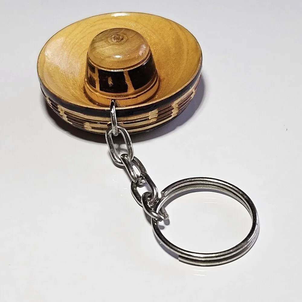 Vintage Wooden Hand Carved Mexican Sombrero Keychain